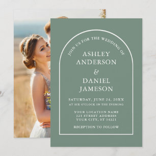 Modern Stylish Arch Sage Green Photo Wedding Invitation