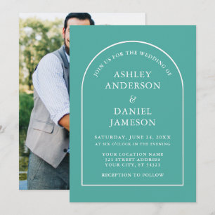 Modern Stylish Arch Teal Photo Wedding Invitation