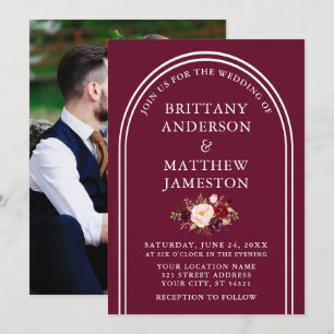Modern Stylish Arch Wedding Burgundy Floral Photo Invitation