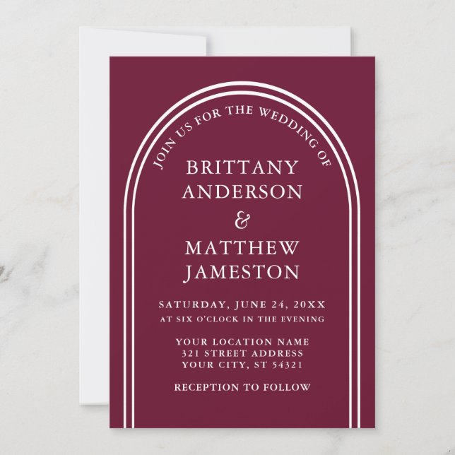 Modern Stylish Arch Wedding Burgundy Invitation (Front)