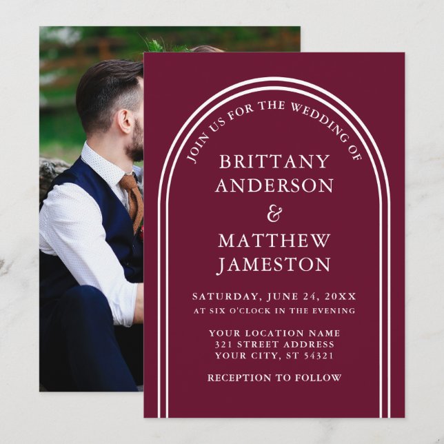 Modern Stylish Arch Wedding Burgundy Photo Invitation (Front/Back)