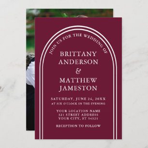 Modern Stylish Arch Wedding Burgundy Photo Invitation
