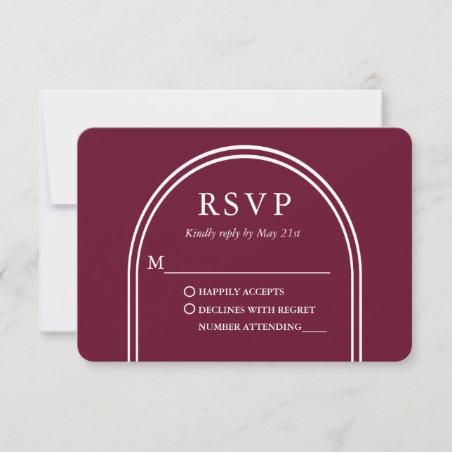 Modern Stylish Arch Wedding Burgundy RSVP Card (Front)