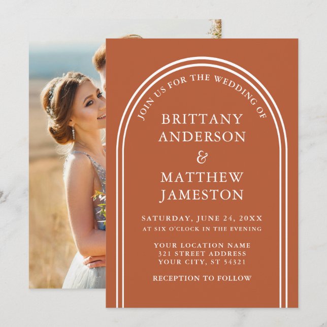 Modern Stylish Arch Wedding Burnt Orange Photo Invitation (Front/Back)