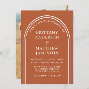 Modern Stylish Arch Wedding Burnt Orange Photo Invitation