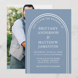 Modern Stylish Arch Wedding Dusty Blue Photo Invitation