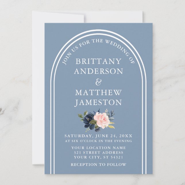 Modern Stylish Arch Wedding Dusty Blue Pink Floral Invitation (Front)