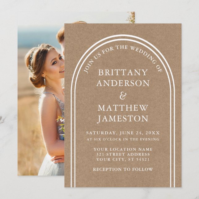 Modern Stylish Arch Wedding Kraft Photo Invitation (Front/Back)