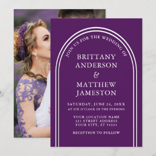 Modern Stylish Arch Wedding Purple Photo Invitation