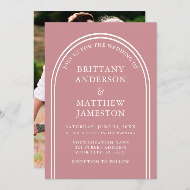 Modern Stylish Arch Wedding Rose Gold Photo Invitation (Front/Back)