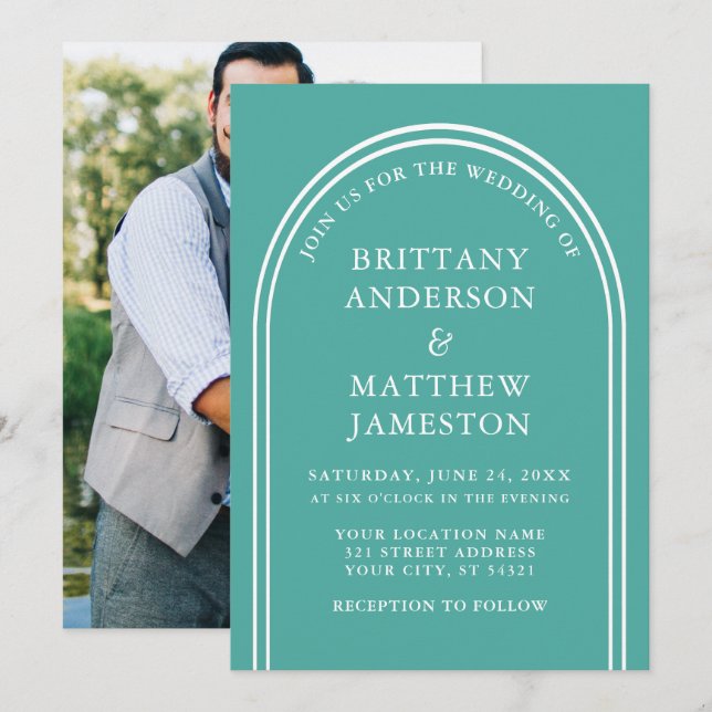 Modern Stylish Arch Wedding Teal Photo Invitation (Front/Back)