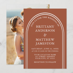 Modern Stylish Arch Wedding Terracotta Photo Invitation