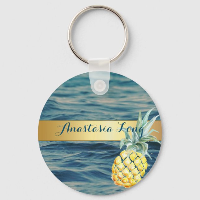 Modern Stylish, Beach, See, Pineapple  Keychain (Front)