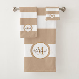 Modern Stylish Beige Family Name Monogram Bath Towel Set