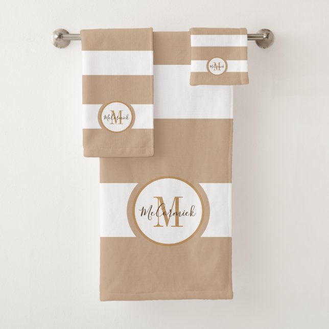 Modern Stylish Beige Family Name Monogram Bath Towel Set (Insitu)