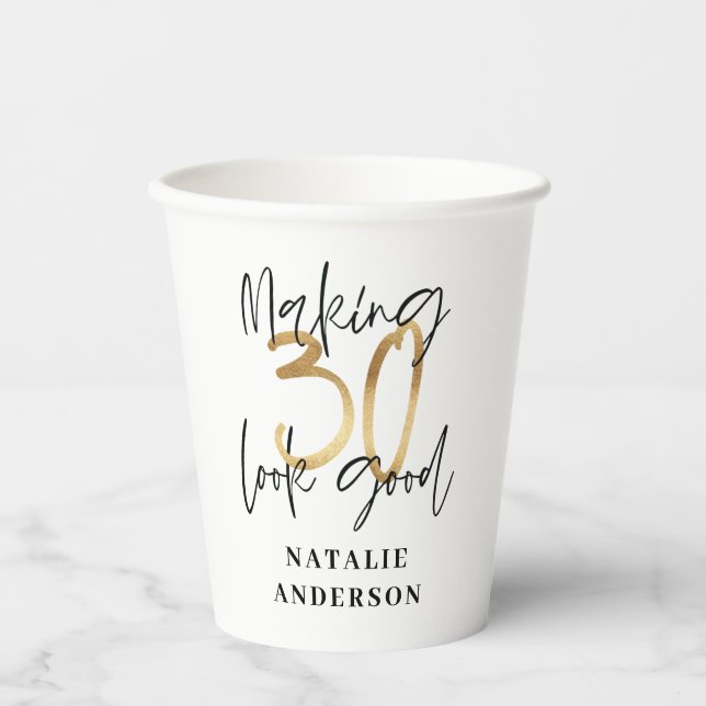 modern stylish black and gold 30th birthday party paper cups (Front)