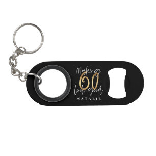 Modern stylish black and gold 60th birthday keychain bottle opener