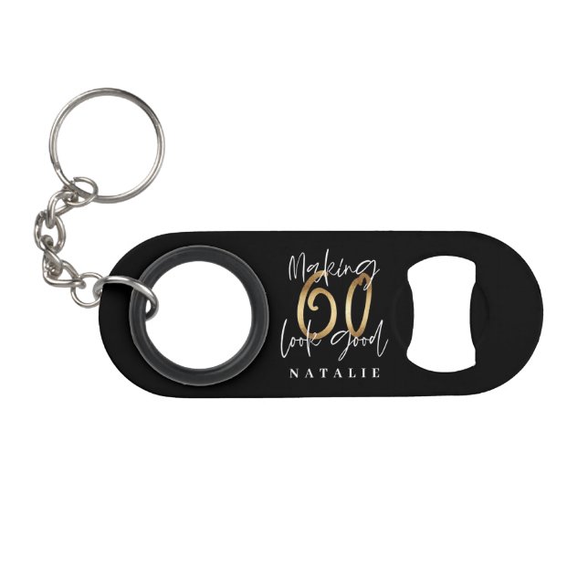 Modern stylish black and gold 60th birthday keychain bottle opener (Front (Horizontal))