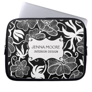 Modern Stylish Black and White Floral Pattern Laptop Sleeve