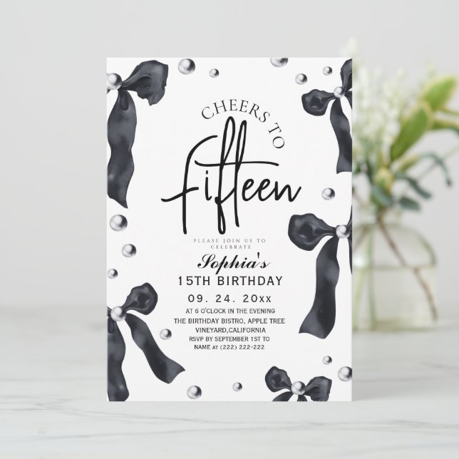 Modern & Stylish Black Bow Birthday Party Invitation (Standing Front)