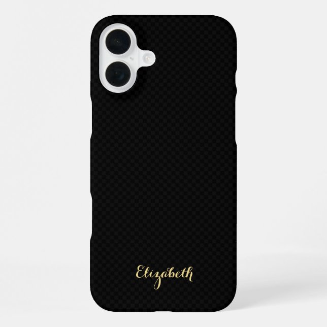 Modern Stylish Black Chequered Gold Monogrammed iPhone Case (Back)