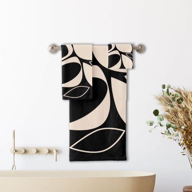 Modern Stylish Black Cream Abstract Pattern Bath Towel Set (Creator Uploaded)