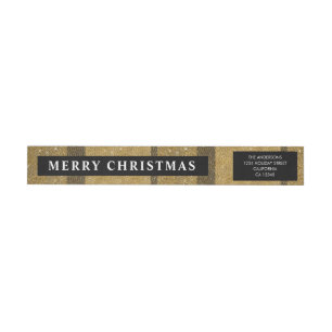 Modern Stylish Black Gold Buffalo Plaid Christmas Wrap Around Label