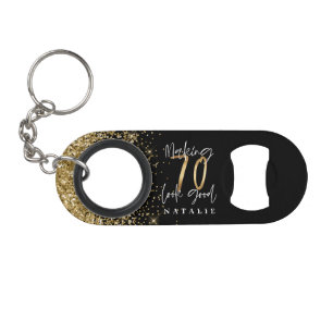 Modern stylish black & gold glitter 70th birthday keychain bottle opener