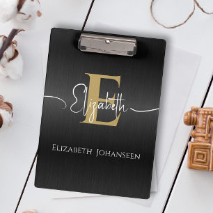 Modern Stylish Black Gold Monogrammed Script Name Clipboard