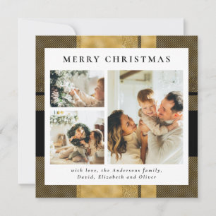 Modern Stylish Black Gold Plaid Photo Christmas Holiday Card