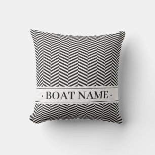 Modern Stylish Black Herringbone Pattern Boat Name Outdoor Pillow