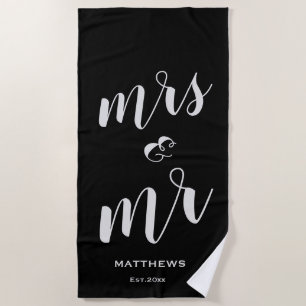 Modern Stylish Black Mrs & Mr Name Date Custom Beach Towel