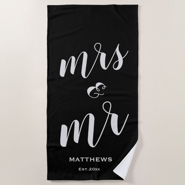 Modern Stylish Black Mrs & Mr Name Date Custom Beach Towel (Front)