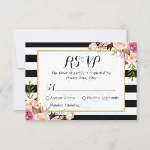 Modern Stylish Black White Stripes Floral RSVP Card