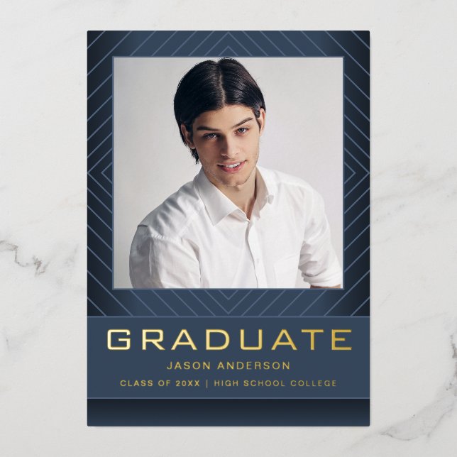 Modern Stylish  Blue | 1 Photo Foil Grad Card (Front)