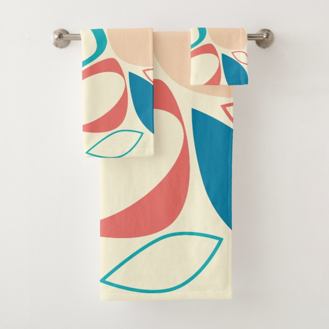 Modern Stylish Blue Peach Teal Abstract Pattern Bath Towel Set (Insitu)