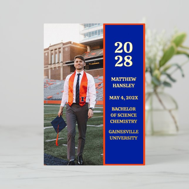 Modern Stylish Blue Photo Graduation Announcement (Standing Front)