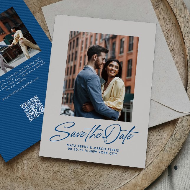 Modern stylish blue script two photo save the date (Creator Uploaded)