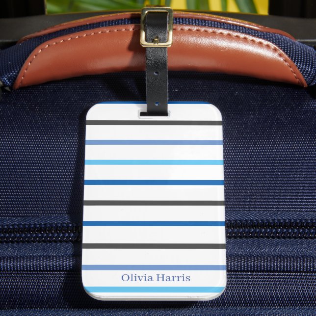 Modern Stylish Blue Stripes Custom Luggage Tag (Front Insitu 2)
