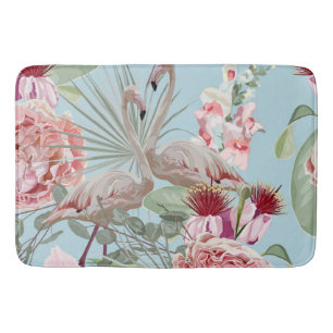 Modern stylish botanical Flamingo garden blue pink Bath Mat
