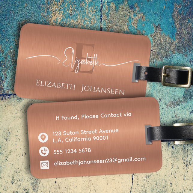 Modern Stylish Brushed Copper Metal Monogrammed Luggage Tag (Creator Uploaded)