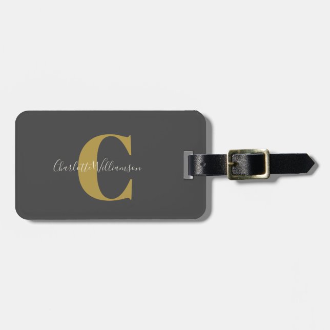Modern Stylish Calligraphy Monogrammed Black Gold  Luggage Tag (Front Horizontal)