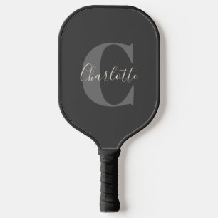 Modern Stylish Calligraphy Monogrammed Black Grey Pickleball Paddle