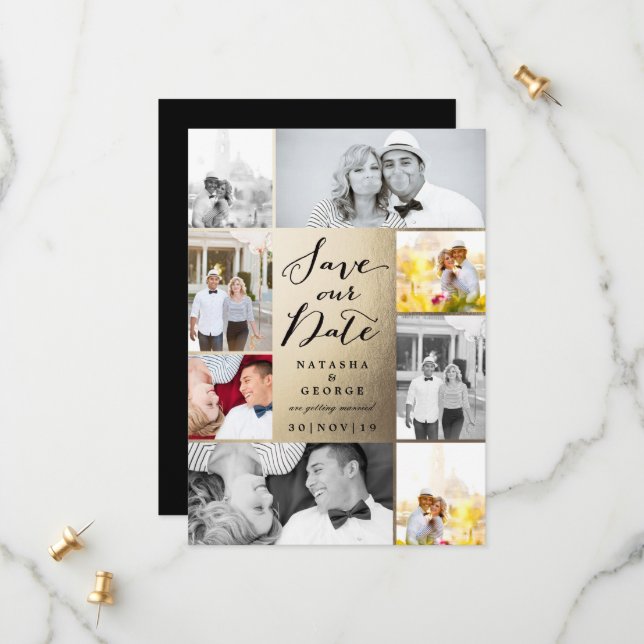 Modern Stylish Calligraphy Script 8 Multi Photo Save The Date (Front/Back In Situ)