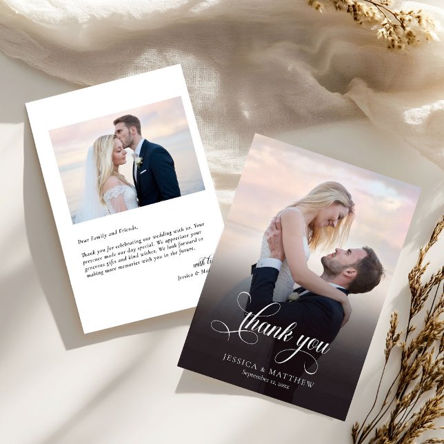 Modern Stylish Calligraphy Script Photo Wedding  Thank You Card (Creator Uploaded)