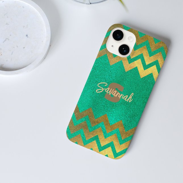Modern Stylish Chic Green And Gold Chevron Case-Mate iPhone Case (Creator Uploaded)