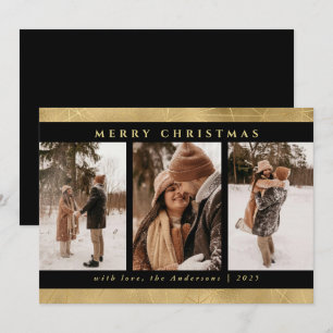 Modern Stylish Christmas Black & Faux Gold Photo Holiday Card