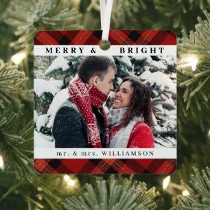 Modern Stylish Christmas Mr and mrs Couple Photo Metal Ornament