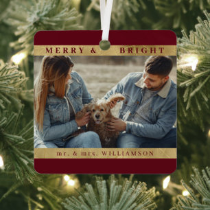 Modern Stylish Christmas Mr and mrs Couple Photo Metal Ornament