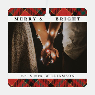 Modern Stylish Christmas Mr and mrs Couple Photo Metal Ornament